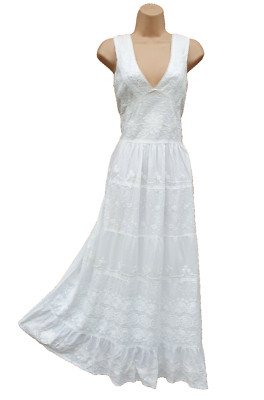Weißes Maxikleid Sommer Baumwolle Pailletten handbestickt lang Einheitsgröße 12 14 16