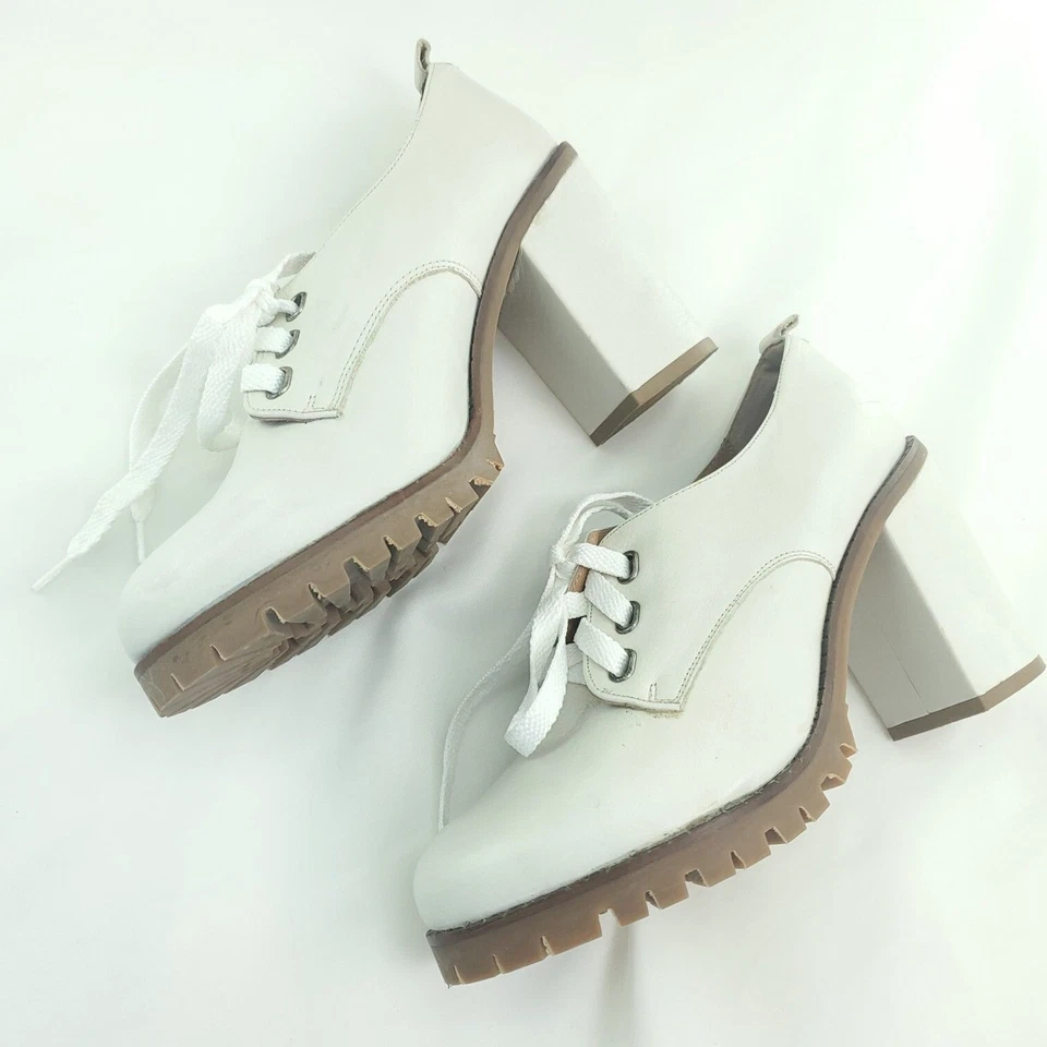 Topshop Womens White Leather Round Toe Lace Up Block Platform Heels Size 7 - Image 3 of 4