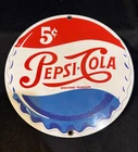 Vtg Ande Rooney Pepsi Cola 5 Cent Bottle Cap Enamel Round Porcelain Sign 8"