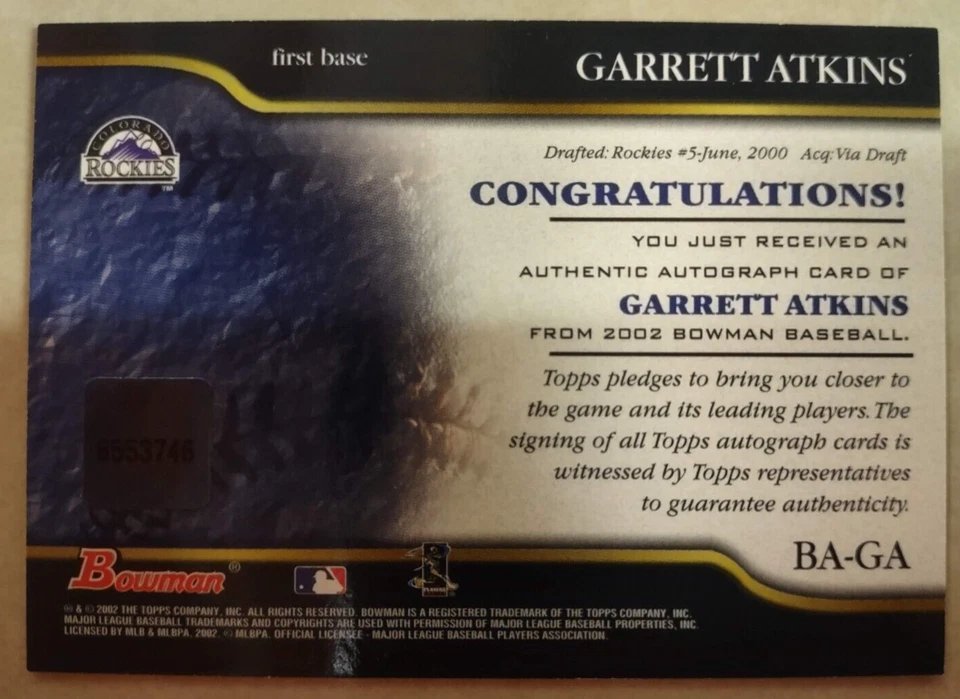 2002 Bowman GARRETT ATKINS MLB Rockies Autograph Issue ROOKIE AUTO! FREE S&H!! - Image 2 of 2