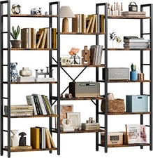 Triple 5 Tier Bookshelf, Industrial Large Bookcase with 14 Open Display Shelves,