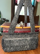 1940s Beaded Handbag With Bakelite Lid Handles 8  x5  x4  Handsome Vintage READ