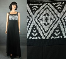70s Maxi Dress Sz S Vintage Long Black Metallic Silver Sleeveless Cocktail Gown