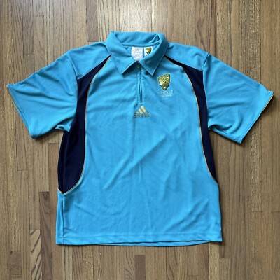Australia Cricket Jersey Polo Shirt 1/4 Zip Men’s SZ XL Patches Blue Teal 