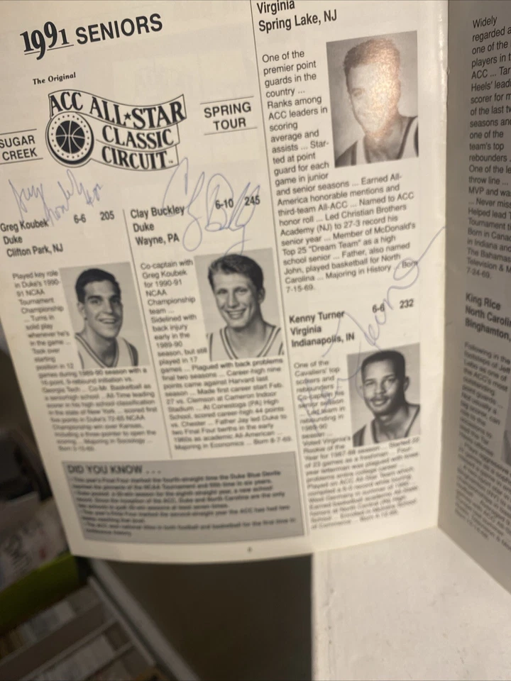 1991 ACC All Star Classic Basketball Signed Auto Program Corchiani Chilcutt UNC - Image 2 of 4
