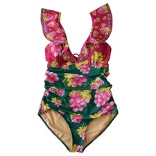 Floral Ruffle One-Piece Swimsuit Green Pink Size M