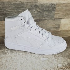 PUMA Rebound Layup Kids Shoes Sz 5 White Gray Violet Leather Lace Up Sneakers
