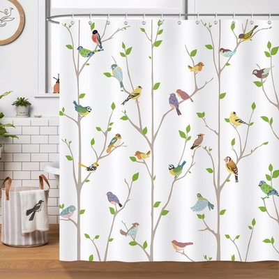 Spring Birds Tree Green Leaves Fabric Shower Curtain Waterproof 72x72 Inch