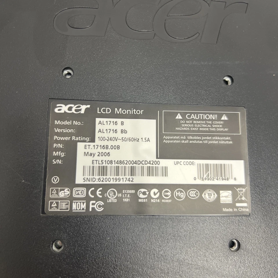 Acer LCD Computer Monitor 17” - Model AL1716F w/ AC Power - Image 4 of 4