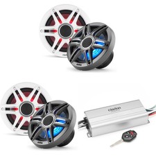 Clarion Marine 4 Channel Amp  2 CMSP-651RGB-SWG 6.5" LED Boat Audio Upgrad...
