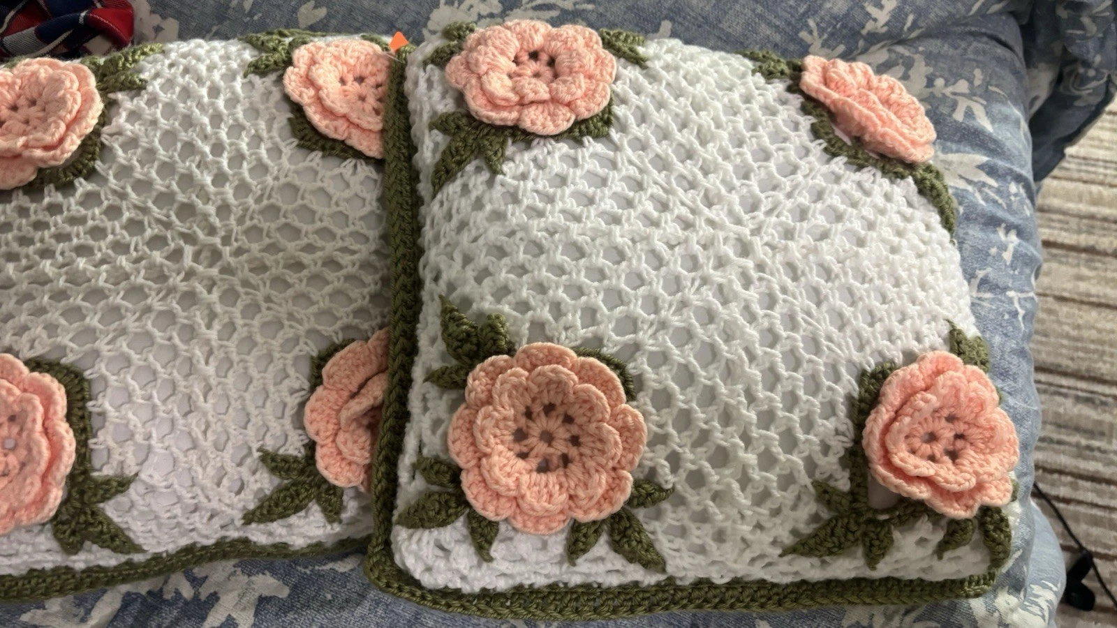 2 Granny Square Throw Pillows Cottage Country Roses Core Shabby Chic Handmade