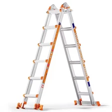 A Frame 6 Step Ladder,22 Ft. Reach Extension Ladder with Stabilizer Bar, Wheels,