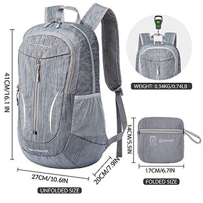 ZOMAKE 25L ULTRA LIGHTWEIGHT PACKABLE BACKPACK, FOLDABLE HIKING -  MEDIUM GRAY