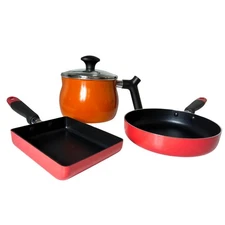 3-pc FDR Japanese Non-Stick Cookware Set Orange/Red IH 17–20cm Tsubame-Sanjo