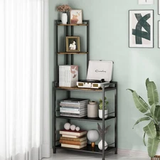 GILLAS 5-Tier Corner Shelf Stand - Metal Bookcase, Storage Rack, Rustic Livin...