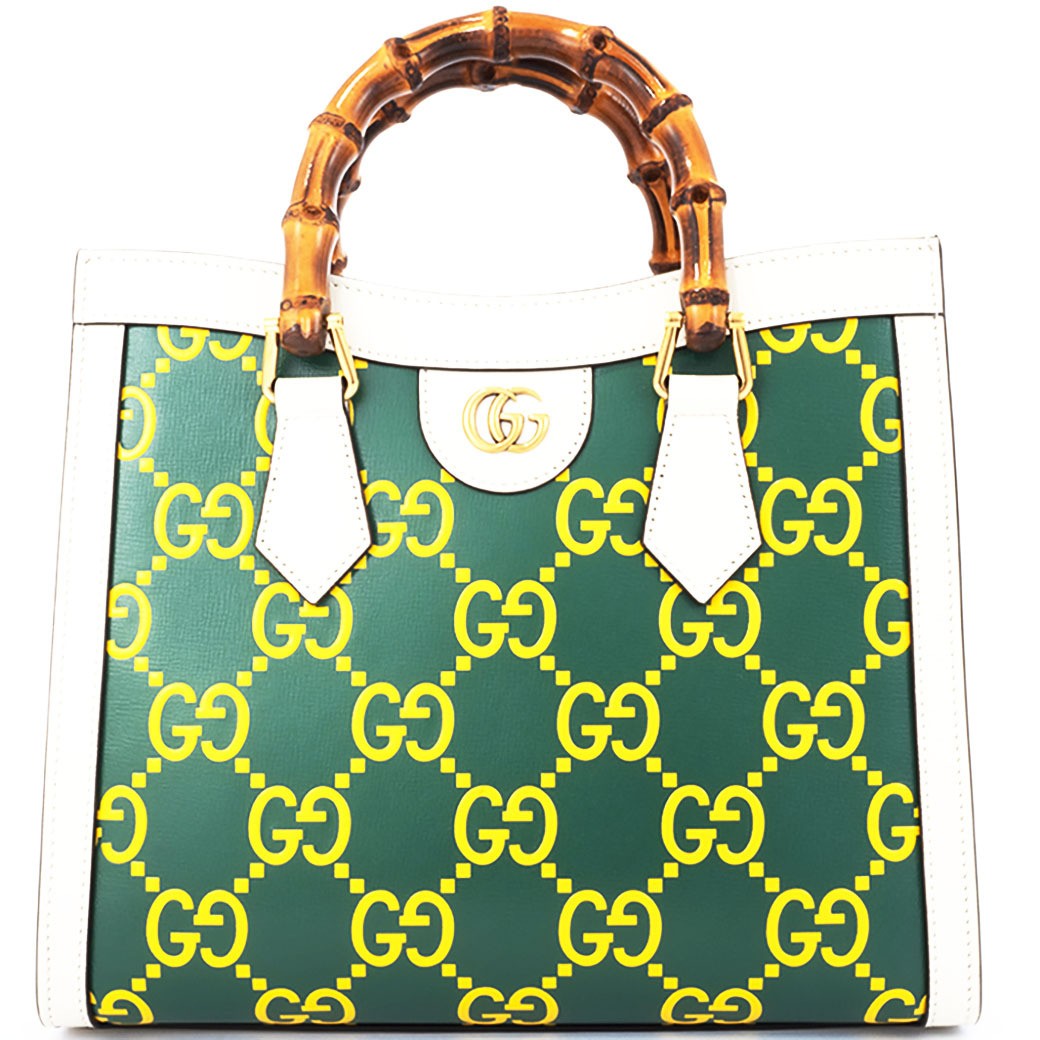 GUCCI Diana Small Shopping Hand Bag 660195 Leather Green   Yellow Bamboo Tote 22