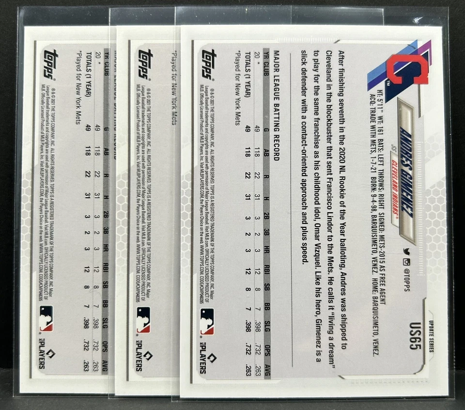 (3) Andres Gimenez 2021 Topps Update Series Baseball Rookie RC Guardians US65 - Image 2 of 2
