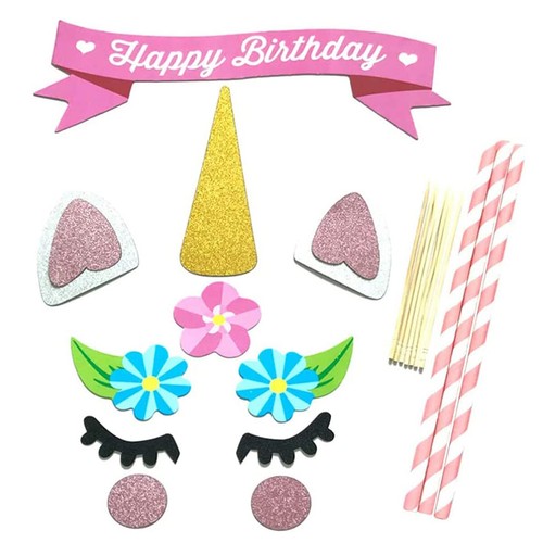 11Pcs Unicorn Happy Birthday Cake Topper Set eyes ear Kids Girls Decoration - Picture 4 of 11