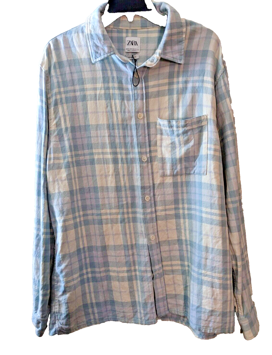Zara Textured Check Plaid Overshirt Size XL Blue 7446431441