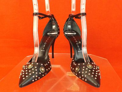 NEW CASADEI BLACK LEATHER STUDDED D'ORSAY ANKLE STRAP HIGH HEEL PUMPS 10