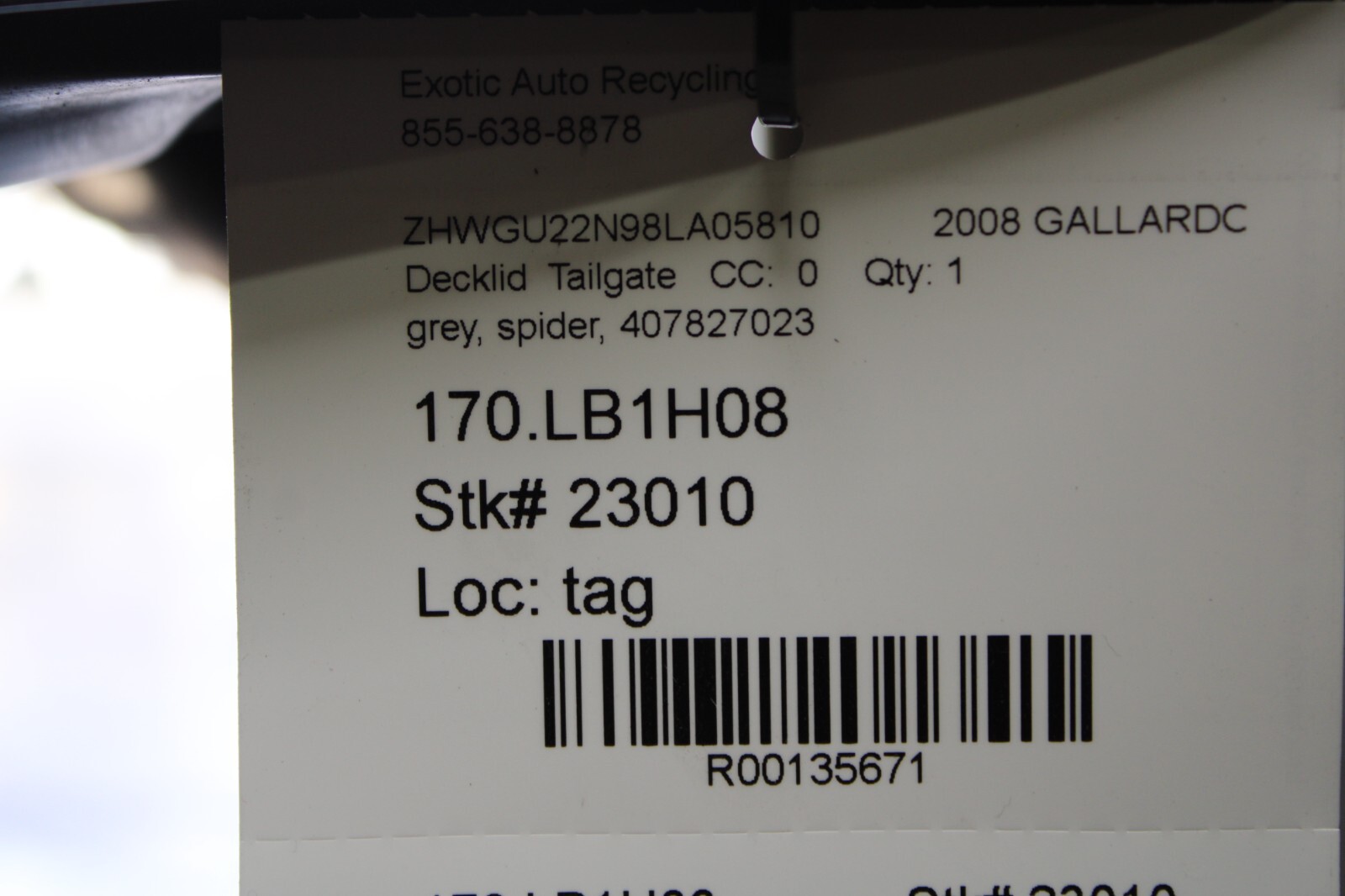 Lamborghini Gallardo, Spyder, Carbon Fiber Decklid, Used, P/N 407827023