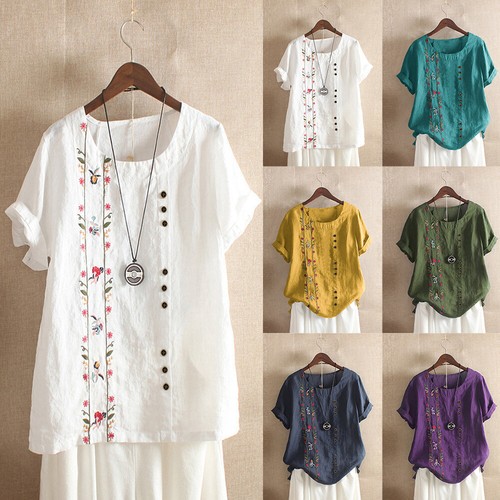 T-Shirt Für Damen Baumwolle Leinen Blumenmuster Sommer Lockere Bluse T-Shirt 〒 - Bild 2 von 27