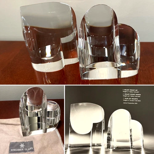 Vintage $1250 STEUBEN GLASS #8377/8376 Pair Hearts Point Up/Down Sculptures