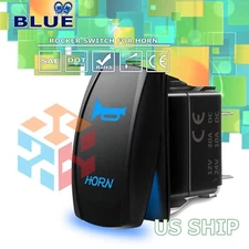 LED Waterproof BLUE HORN MOMENTARY ROCKER SWITCH LASER ETCHED 12v 20a LED CAR