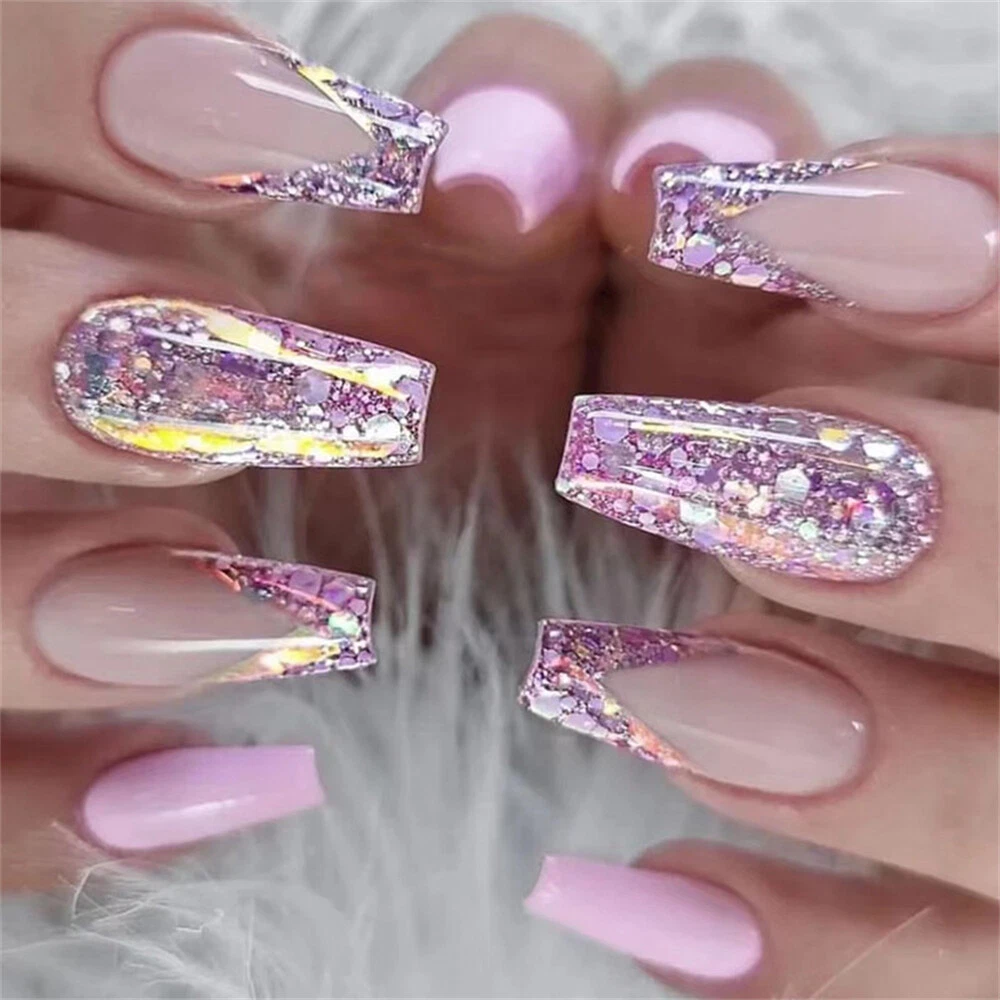  24Pcs Pink Press on Nails Coffin Long Fake Nail with