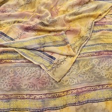 Indian Vintage Sari Ivory  Yellow Pure Crepe Silk Printed Saree 5yard Sewing Qu