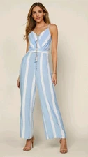 Skies Are Blue NEW Womens Medium Jumpsuit Wide-Leg Striped Blue White  Vacation