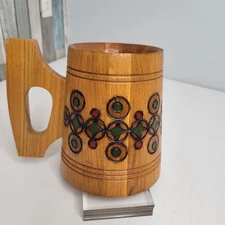 Vintage Wooden Beer Stein Mug with Hand Carved & Painted Folk Art Design