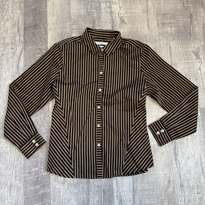 Foxcroft Heritage Non Iron Button Up Tunic Shirt Size 10P Gold Tan Black Stripe
