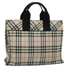 BURBERRY Nova Check Blue Label Hand Bag Nylon Beige Silver Auth kk482
