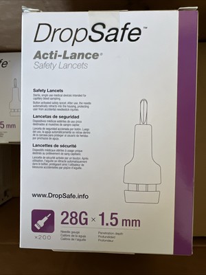 Drop Safe Acti-Lance Safety Lancets 28Gx1.5mm One Box Of 200 Count Exp2028