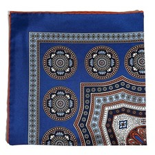 Blue  Orange Geometric Silk Pocket Square Handmade in England 