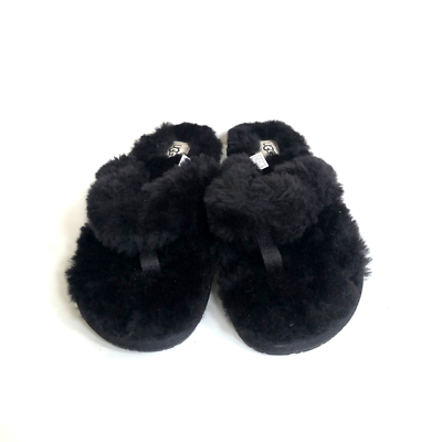 UGG FLUFF FLIP FLOP LOGO BLACK SHEARLING THONG SANDAL US 11 / EU