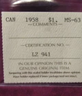 1958 CANADA SILVER $1 DOLLAR...ICCS MS-63
