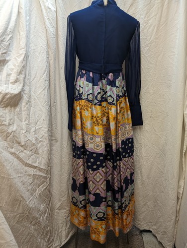 60's Dark Blue Rayon Yellow Lavender Blue White Acetate Maxi Mod Dress S - Picture 9 of 10