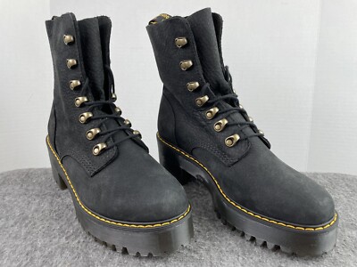Dr. Martens Leona Black Nubuck Leather Chunky Platform Combat