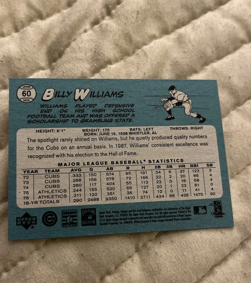 Billy Williams--Chicago Cubs--2003 Upper Deck Vintage - Image 2 of 2