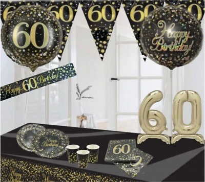 OAKTREE Age 60th & Happy Birthday Party Decorations Black Gold Bunting Banners Balloons