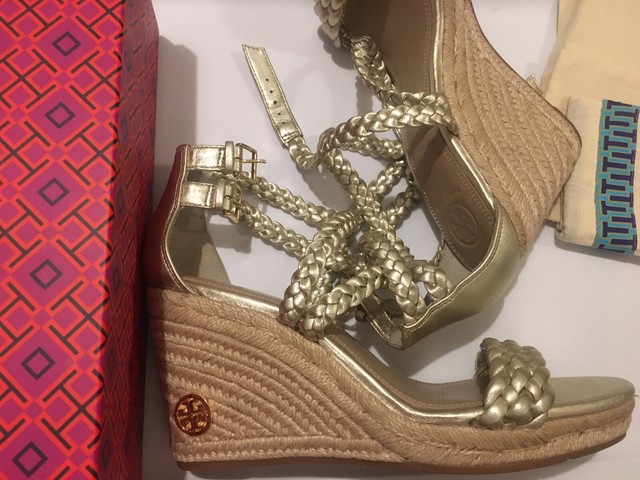 Tory Burch Bailey Wedge Sandals Gold Braided Leather Espadrilles Shoes 9  for sale online | eBay