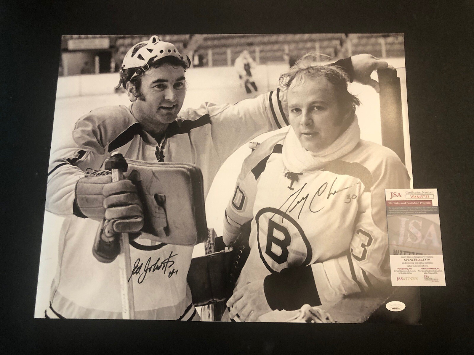 GERRY CHEEVERS / ED JOHNSTON Autographed Signed Boston Bruins JSA GERRY CHEEVERS & ED JOHNSTON 16X20 PHOTO AUTO MASK 732 