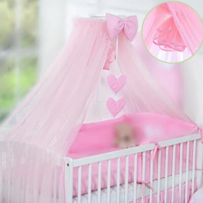 Neues großes rosa Babybett Moskitonetz/Vorhang/Himmel + Schleife & Herzen + Halter