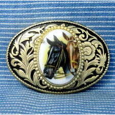 Western Horses Belt Buckle Cowboy Floral Scroll Cowgirl Art Mount Vtg 80s.GTA046