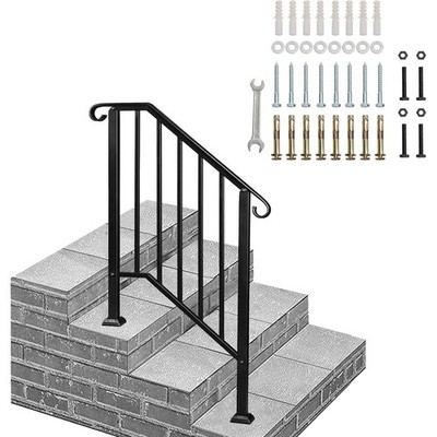 VINGLI Handrail for 2-3 Steps; Wrought Iron Railing Kit with 5 Balusters - Black