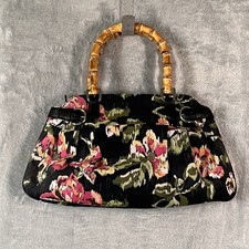 Talbots Black Floral Tapestry Bamboo Handle Purse