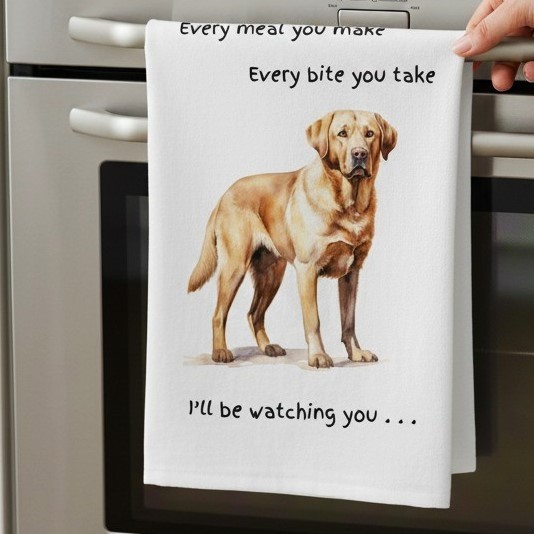 Golden Labrador Dog gift Tea Towel Watching You wording fun stocking filler