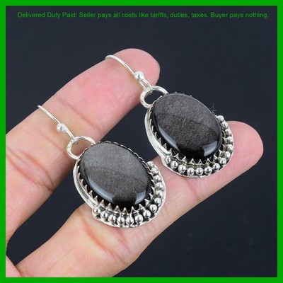 Sterling Silver Oval Silver Sheen Obsidian Gemstone Dangle Drop Earrings Jewelry